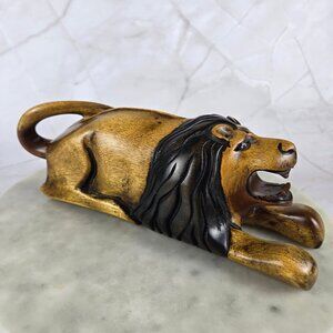 Roaring Lion Wooden Carving Tan & Black Detailed Lying Down